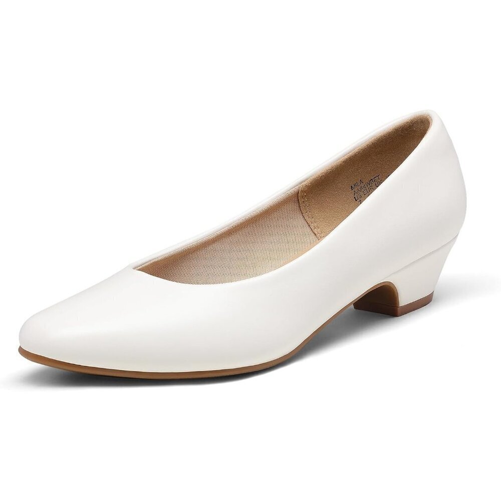 Dream Pairs Women's White Pu Closed Pointed Toe Low Chunky Heel Pump Shoes